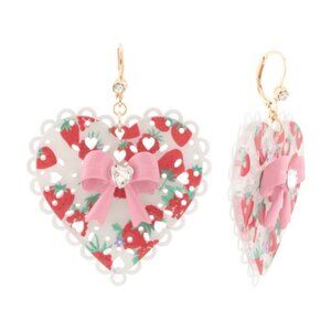 NWT BETSEY JOHNSON Valentine's Baby Cakes Lucite Strawberry Heart & Bow Earrings